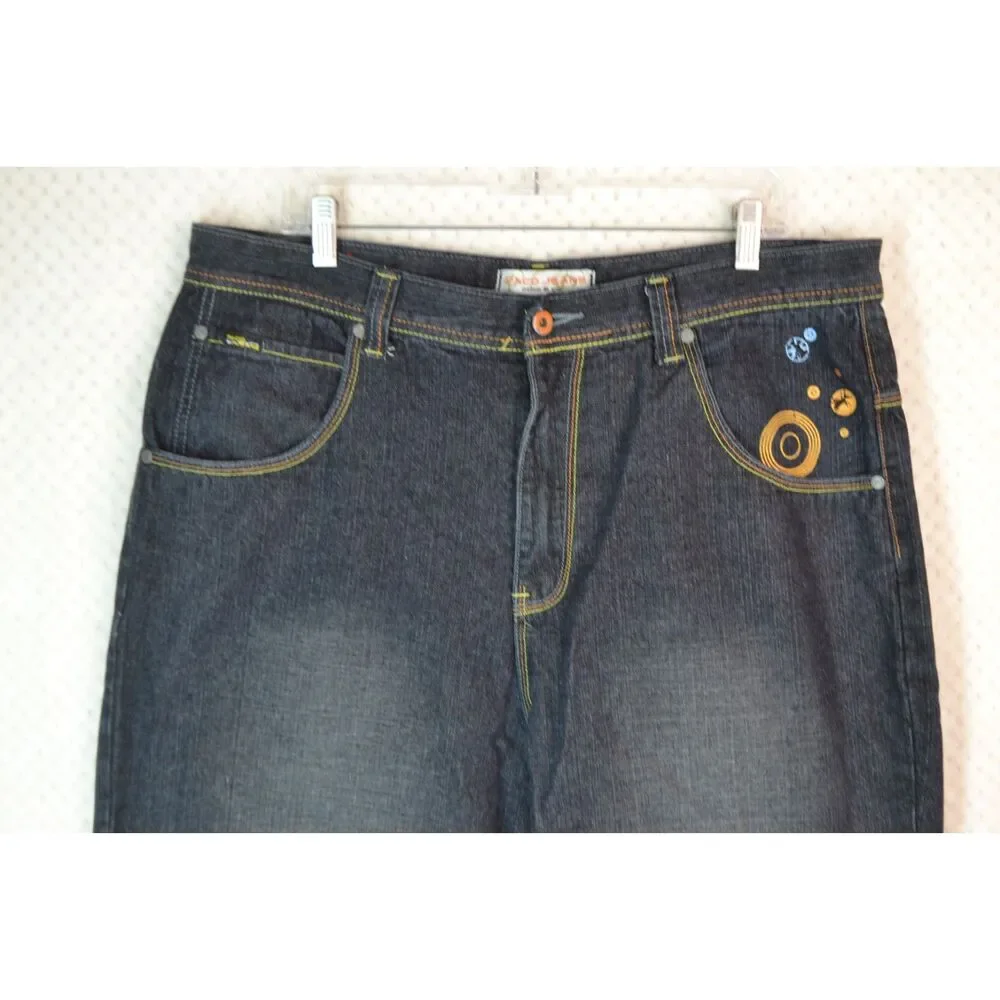 Paco Jeans Men's 38x32 Dark Wash Graphic Print Baggy Y2K Skater Jeans